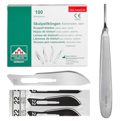 Set - 100 Stück sterile Skalpellklingen Figur 22 aus Karbonstahl - Ersatzklingen + 1 x Shehadeh - Skalpell-Halter mit 13,5 cm langem und bauchigen Griff - Edelstahl von Shehadeh