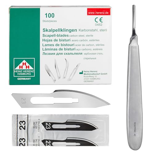 Set - 100 Stück sterile Skalpellklingen Figur 23 aus Karbonstahl - Ersatzklingen + 1 x Shehadeh - Skalpell-Halter mit 13,5 cm langem und bauchigen Griff - Edelstahl von Shehadeh