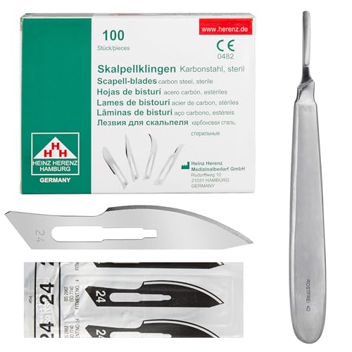Set - 100 Stück sterile Skalpellklingen Figur 24 aus Karbonstahl - Ersatzklingen + 1 x Shehadeh - Skalpell-Halter mit 13,5 cm langem und bauchigen Griff - Edelstahl von Shehadeh