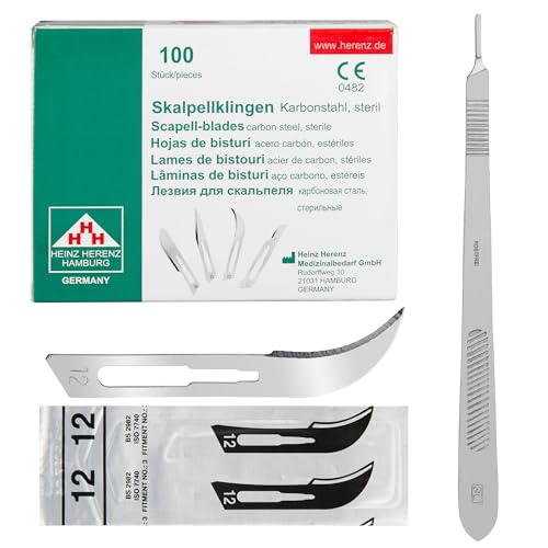 Set 100 x Skalpellklingen Figur 12 - Sterile Ersatzklingen + 1 x Shehadeh - Skalpellhalter 21 cm lang aus Edelstahl von Shehadeh
