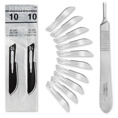 Set - 50 Stück sterile Skalpellklingen Figur 10 aus Karbonstahl - Ersatzklingen + 1 x Shehadeh - Skalpell-Halter - Edelstahl von Shehadeh