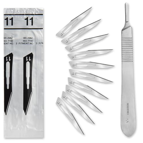 Set - 50 Stück sterile Skalpellklingen Figur 11 aus Karbonstahl - Ersatzklingen + 1 x Shehadeh - Skalpell-Halter - Edelstahl von Shehadeh