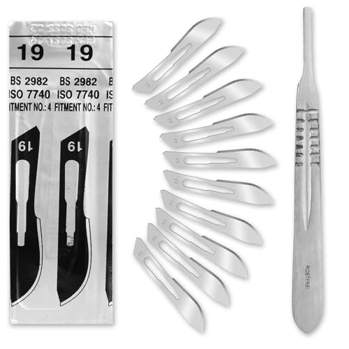 Set - 50 Stück sterile Skalpellklingen Figur 19 aus Karbonstahl - Ersatzklingen + 1 x Shehadeh - Skalpell-Halter - Edelstahl von Shehadeh