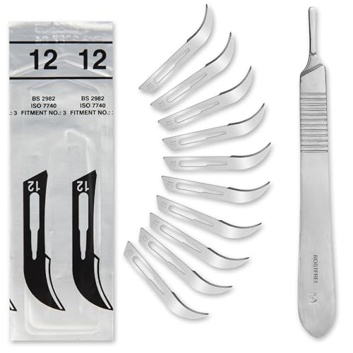 Set - 50 Stück sterile Skalpellklingen Figur 12 aus Karbonstahl - Ersatzklingen + 1 x Shehadeh - Skalpell-Halter - Edelstahl von Shehadeh