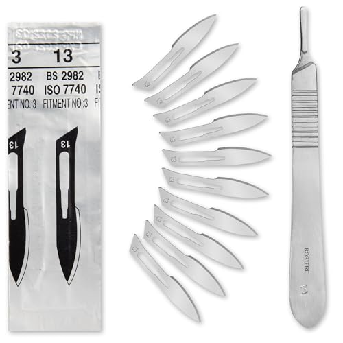 Set - 50 Stück sterile Skalpellklingen Figur 13 aus Karbonstahl - Ersatzklingen + 1 x Shehadeh - Skalpell-Halter - Edelstahl von Shehadeh