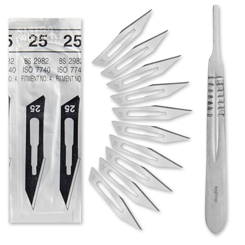 Set - 50 Stück sterile Skalpellklingen Figur 25 aus Karbonstahl - Ersatzklingen + 1 x Shehadeh - Skalpell-Halter - Edelstahl von Shehadeh
