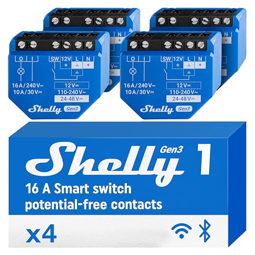 Shelly 1 Gen3 - WLAN Smart-Schalter-Relais mit Potentialfreie Kontakte, 1 Kanal, 16A, Lichtschalter, Garagentoröffner, Smart Home, Zeitschaltuhr, Alexa & Google Home, Kein Hub Erforderlich (4 Stück) von Shelly