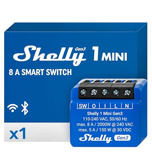 Shelly 1 Mini Gen 3 | WiFi & Bluetooth Smart Switch Relais 1 Kanal 8A | Hausautomation | Kompatibel mit Alexa und Google Home | iOS-Android-App | Kein Hub erforderlich | Trockene Kontakte von Shelly