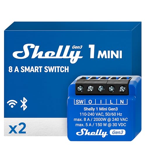 Shelly 1 Mini Gen 3 | WiFi & Bluetooth Smart Switch Relais 1 Kanal 8A | Hausautomation | Kompatibel mit Alexa und Google Home | iOS-Android-App | Kein Hub erforderlich | Trockenkontakte (2er-Pack) von Shelly