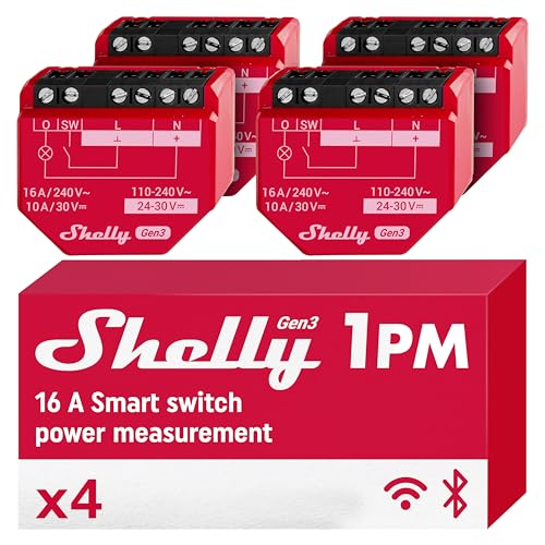 Shelly 1PM Gen3 | WLAN Smart Relais-Schalter mit Strommessung - 16A | Lichtsteuerung | Alexa & Google Home | iOS- Android-App | Hausautomation | Kein Hub erforderlich (4 Stück) von Shelly