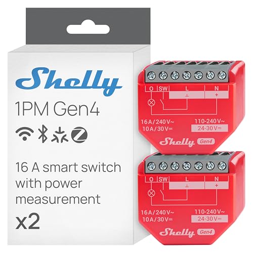 Shelly 1PM Gen4, WLAN-betriebener Smart-Relaisschalter, 1 Kanal, 16A, Leistungsmessung, Hausautomation, Kein Hub Erforderlich, Alexa, Apple HomeKit & Google Home, Zigbee & Matter (2 Stück) von Shelly