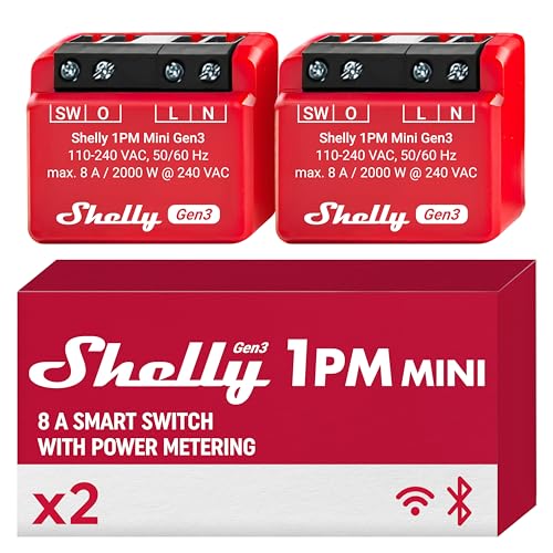 Shelly 1PM Mini Gen3 | WLAN- und Bluetooth-Smart-Switch-Relais, 1 Kanal 8A mit Leistungsmessung | Hausautomation | Kompatibel mit Alexa und Google Home | iOS-Android-App (2er-Pack) von Shelly
