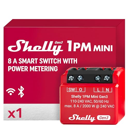 Shelly 1PM Mini Gen3 | WiFi & Bluetooth Smart Switch Relais, 1 Kanal 8A mit Leistungsmessung | Hausautomation | Kompatibel mit Alexa und Google Home | iOS-Android-App | Kein Hub erforderlich von Shelly