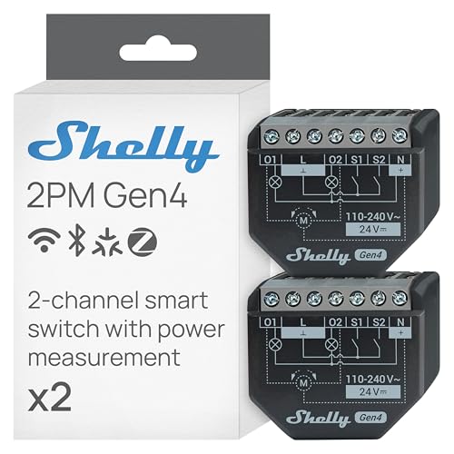 Shelly 2PM Gen4, WLAN-betriebener Smart-Relaisschalter, 2 Kanäle, 16A, Leistungsmessung, Rolladenschalter, Hausautomation, Kein Hub Erforderlich, Alexa, HomeKit & Googlе, Zigbee, Matter (2 Stück) von Shelly