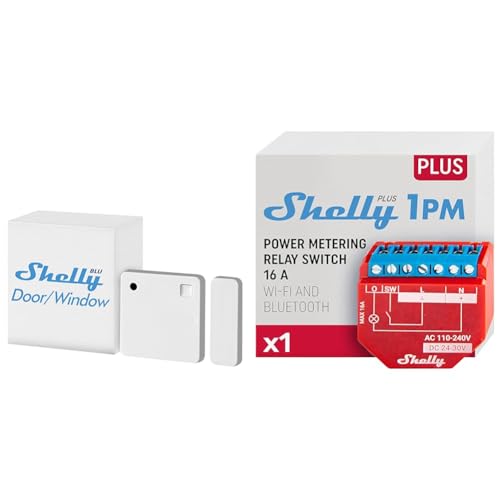 Shelly Blu Door/Window Weiß | Bluetooth betriebener Tür- & Fenstersensor & Plus 1PM | WLAN & Bluetooth Relais Schalter mit Strommessung von Shelly