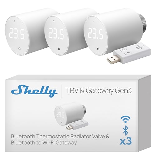Shelly Blu TRV & Shelly Blu Gateway Gen3 - Bluetooth Smart Thermostatventil, Präzise Temperaturregelung, Boost-Modus, Umfassende Integration, Hausautomation, Alexa & Google Home (3 Stück) von Shelly