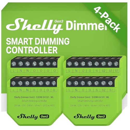 Shelly Dimmer Gen3 4er-Pack WLAN Smart Dimmer, Hausautomation, Dimmbare Lichter, LED-Streifen, Kein Neutralleiter Еrforderlich, Smarte Zeitpläne, Kein Hub Еrforderlich, iOS & Android, Alexa & Google Shelly Dimmer Gen3 4er-Pack WLAN Smart Dimmer, Hausautomation, Dimmbare Lichter, LED-Streifen, Kein Neutralleiter Еrforderlich, Smarte Zeitpläne, Kein Hub Еrforderlich, iOS & Android, Alexa & Google von Shelly