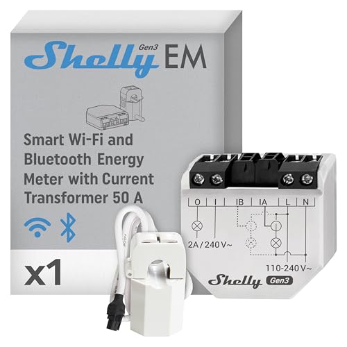 Shelly EM Gen3 + 50А Clamp, WLAN-gesteuert Smart Energiezähler mit Potentialfreiem Kontakt, Stromzange, Leistungsmessung, Hausautomation, Alexa & Google Home, iOS Android App, Kein Hub Erforderlich von Shelly
