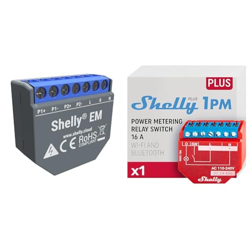 Shelly EM | Wlan-gesteuerter intelligenter Energiezähler und Schützkontrollrelaisschalter & Plus 1PM | WLAN & Bluetooth Relais Schalter mit Strommessung von Shelly