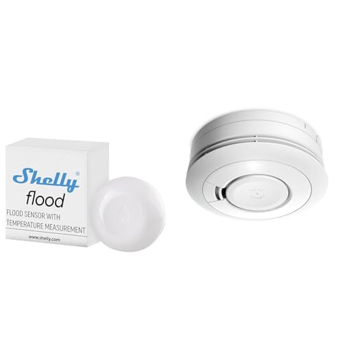 Shelly Flood Kabelloser Flutsensor mit Temperaturmessung Hausautomation Tropf- und Leckalarm Fußbodenheizungssteuerung & Ei Electronics Ei650 Rauchwarnmelder von Shelly