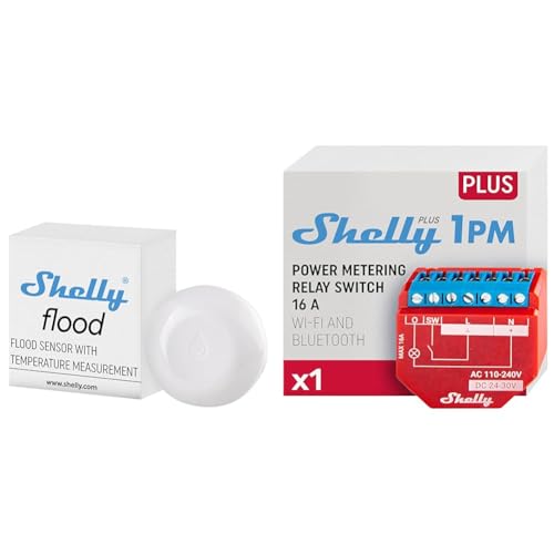 Shelly Flood | Kabelloser Flutsensor mit Temperaturmessung | Hausautomation & Plus 1PM | WLAN & Bluetooth Relais Schalter mit Strommessung von Shelly