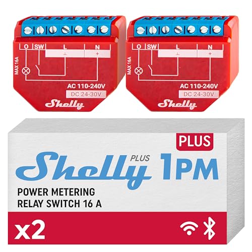 Shelly Plus 1PM | WLAN & Bluetooth Relais Schalter mit Strommessung| Hausautomation| Funktioniert mit Alexa & Google Home| iOS- & Android-App| Kein Hub erforderlich | DIY Lampen steuern (2er Pack) von Shelly