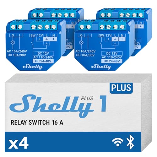 Shelly Plus 1 | Wlan & Bluetooth Smart Relais Schalter | Hausautomation | Alexa & Google Home kompatibel | iOS Android App Kein Hub nötig Beleuchtungssteuerung DIY Fernsteuerung Garagentor (4 Pack) von Shelly