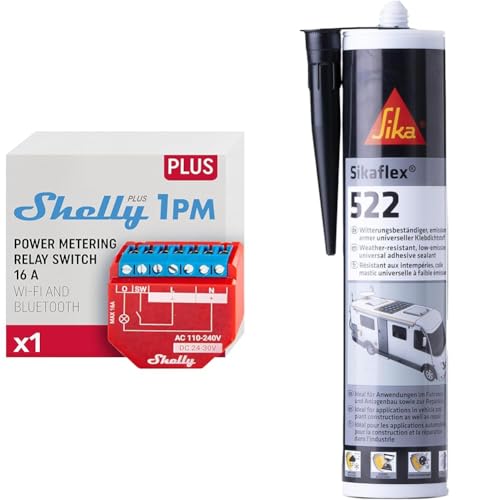 Shelly Plus 1PM | WLAN & Bluetooth Relais Schalter mit Strommessung & Sika – Dichtstoff – Sikaflex-522 schwarz – ideal für Fugen – innen und außen von Shelly