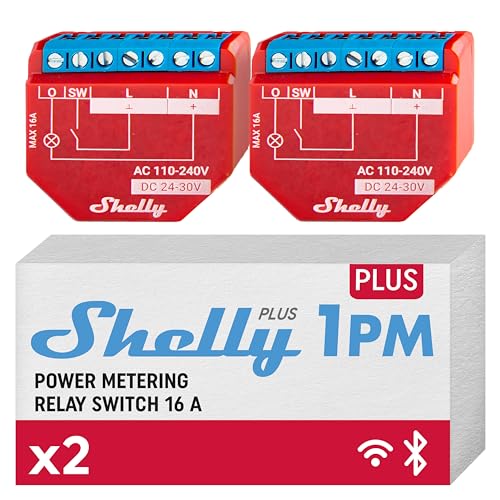 Shelly Plus 1PM | WLAN & Bluetooth Smart-Relais-Schalter mit Leistungsmessung | Hausautomatisierung | Alexa & Google Home kompatibel | Kein Hub nötig | Kabellose Beleuchtungssteuerung (2 Pack) von Shelly