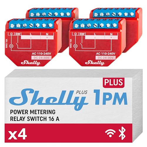 Shelly Plus 1PM | WLAN & Bluetooth Relais Schalter mit Strommessung | Smart Home | Lichtsteuerung | Funktioniert mit Alexa & Google Home | iOS- & Android-App | Kein Hub erforderlich (4 Pack) von Shelly