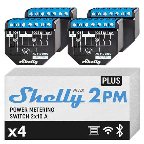 Shelly Plus 2PM 4er Pack Smart Home Doppel Relais Schalter, Digitale Steuerung per kostenloser App & WLAN, Funktioniert mit Alexa & Google Home, Garagentore & Rollläden steuern von Shelly