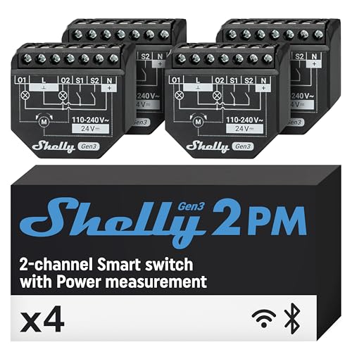 Shelly Plus 2PM Gen3 | Wlan 2 Kanäle Smart Relais Schalter | Rolladenschalter mit Stromverbrauchsmessung | Hausautomation | Google Home Alexa Zubehör | iOS Android App (4 Stück) von Shelly