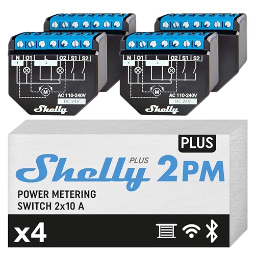 Shelly Plus 2PM | Wlan 2 Kanäle Smart Relais Schalter | Rolladenschalter mit Stromverbrauchsmessung | Hausautomation | Google Home Alexa Zubehör | iOS Android App (4 Pack) von Shelly