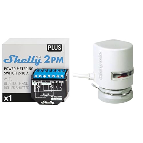 Shelly Plus 2PM | Wlan & Bluetooth 2 Kanäle Smart Relais Schalter mit Leistungsmessung & Google Home Kompatibilität IOS Android App & Honeywell Home evohome Thermoantrieb stromlos offen von Shelly