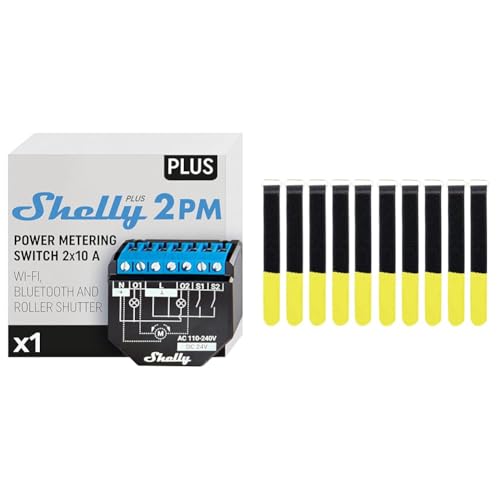 Shelly Plus 2PM | Wlan & Bluetooth 2 Kanäle Smart Relais Schalter mit Leistungsmessung & Infitronic INPKB2030GEL - 10 x Klett-Kabelbinder mit Metall-Öse Klett von Shelly