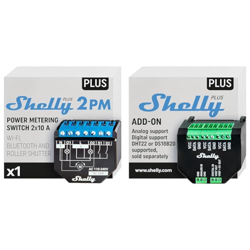 Shelly Plus 2PM | Wlan & Bluetooth 2 Kanäle Smart Relais Schalter mit Leistungsmessung & Plus Add-On, Smart Home Schnittstelle Plus Relais von Shelly