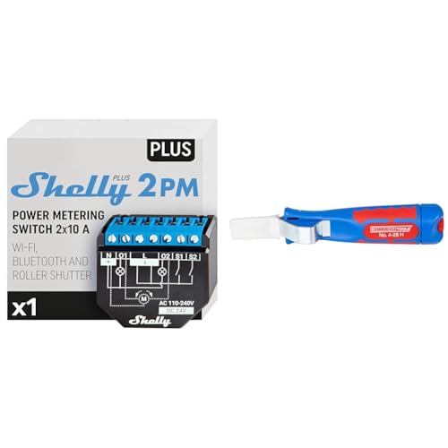 Shelly Plus 2PM | Wlan & Bluetooth 2 Kanäle Smart Relais Schalter mit Leistungsmessung & WEICON TOOLS Kabelmesser No. 4-28 H/Abisolierbereich 4-28 mm/inkl. Hakenklinge von Shelly