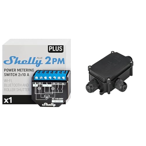 Shelly Plus 2PM | Wlan & Bluetooth 2 Kanäle Smart Relais Schalter mit Leistungsmessung & goobay 56660 IP-66 Schutzbox für Lüsterklemmen, wasserdicht, Verbindungsbox Abzweigdose Verteilerdose, Schwarz von Shelly