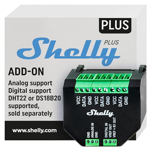 Shelly Plus Add-On, Smart Home Schnittstelle Plus Relais, Digitale Steuerung via WLAN & App, WiFi Hausautomation, 3,3V, Anwendbar für DS18B20- & DHT22-Sensoren von Shelly