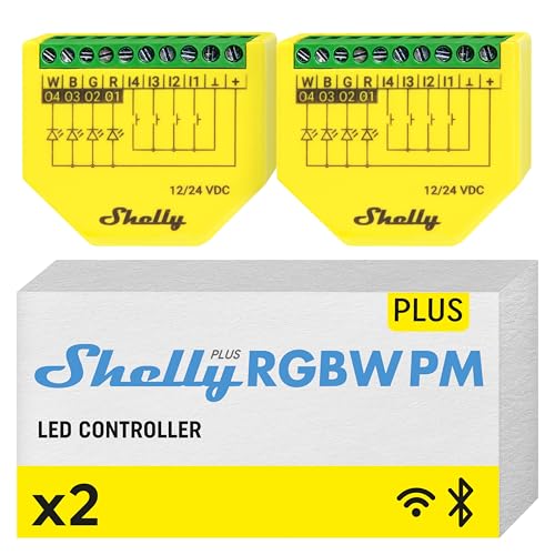 Shelly Plus RGBW PM | WLAN und Bluetooth Controller für LED-Streifen |12-24 VDC | Dimmer Unterputz | Lichtsteuerung & Strommessung | Kein Hub erforderlich | iOS-Android-App (2er-Pack) Gelb von Shelly