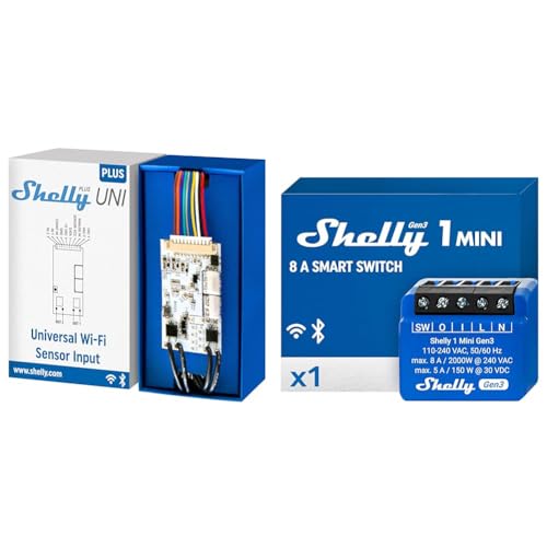 Shelly Plus Uni | Smartes Wi-Fi- und Bluetooth-gesteuertes Modul mit potenzialfreien Kontakten & 1 Mini Gen 3 | WiFi & Bluetooth Smart Switch Relais 1 Kanal 8A von Shelly