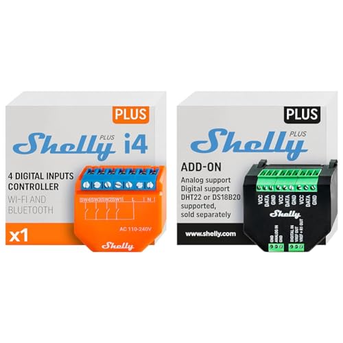 Shelly Plus i4 Smart Home 110-240V & Plus Add-On, Smart Home Schnittstelle Plus Relais, Digitale Steuerung via WLAN & App, WiFi Hausautomation, 3,3V, Anwendbar für DS18B20- & DHT22-Sensoren von Shelly