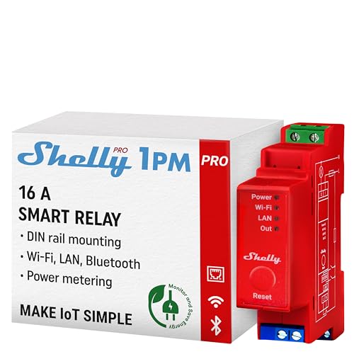 Shelly Pro 1PM | WLAN & Bluetooth Smart-Relais-Schalter mit Leistungsmessung| Hausautomatisierung| Alexa & Google Home kompatibel| iOS Android App| Kein Hub erforderlich | Kabellose Lichtsteuerung von Shelly