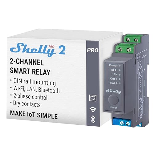Shelly Pro 2 | LAN & WLAN 2-Kanal DIN-Schienen Relais Schalter - 25A | Potentialfreie Kontakte | Alexa & Google Home | iOS Android App | Lichtsteuerung | Fernsteuerung | Wasserverteiler von Shelly