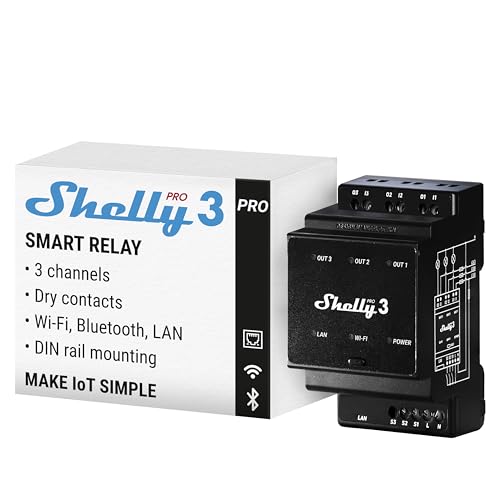 Shelly Pro 3 | Wlan, LAN & Bluetooth 3 Kanäle Smart Relais | Haus- & Gebäudeautomation | Kompatibel mit Alexa & Google Home | iOS Android App | Lichtautomation | Fernsteuerung für motorisiertes Ventil von Shelly