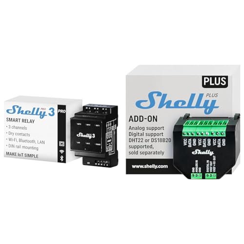 Shelly Pro 3 | Wlan & Plus Add-On, Smart Home Schnittstelle Plus Relais, Digitale Steuerung via WLAN & App, WiFi Hausautomation, 3,3V, Anwendbar für DS18B20- & DHT22-Sensoren von Shelly