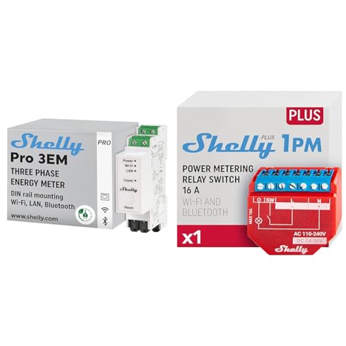 Shelly Pro 3EM (120A) | WLan & Bluetooth Smart Energy Monitoring 3-Phasen-Relaisschalter & Plus 1PM | WLAN & Bluetooth Relais Schalter mit Strommessung von Shelly