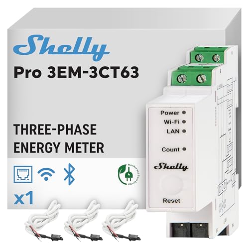 Shelly Pro 3EM - 3CT63, WLAN und LAN 3-Phasen-Energiezähler & Stromwandler, 63А, Echtzeit-Energieüberwachung, kein Hub Erforderlich, Solar-/Grid-Metering, kein Integriertes Relais, PV-kompatibel von Shelly