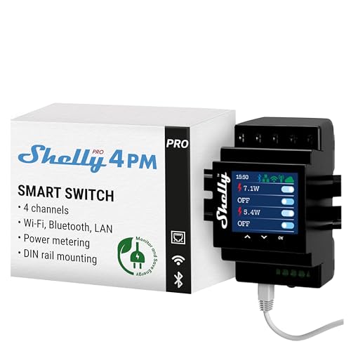 Shelly Pro 4PM | WLAN & LAN 4-Kanal-Relais Schalter mit Leistingsmessung - 40A | DIN-Schiene | Alexa & Google Home | iOS Android App | Fernsteuerung | Hausautomation | Kein Hub Erforderlich von Shelly