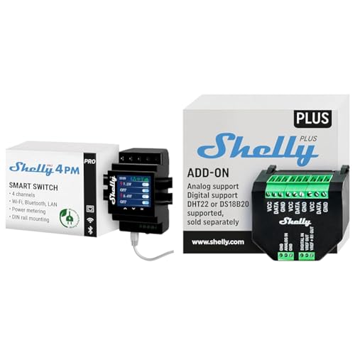 Shelly Pro 4PM | Wlan, LAN & Bluetooth 4 Kanäle Smart Relais mit Leistungsmessung & Plus Add-On, Smart Home Schnittstelle Plus Relais, Digitale Steuerung von Shelly